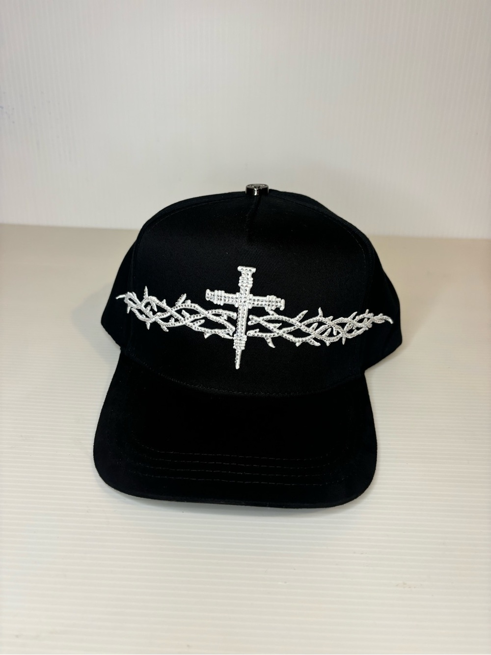 Men's Black Cap with White Cross & Barbed Wire Embroidery